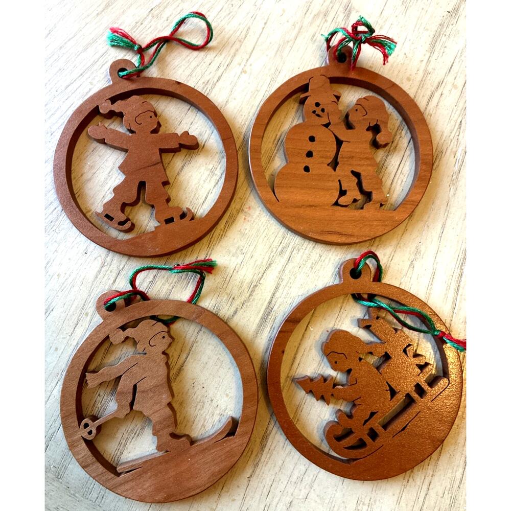 4 Wooden Xmas Ornaments ice skating building snowman skiing sledding Laser Cut